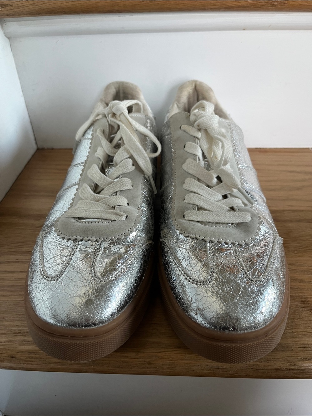 Women's Silver Metallic Lace-Up Sneakers with Cream Accents